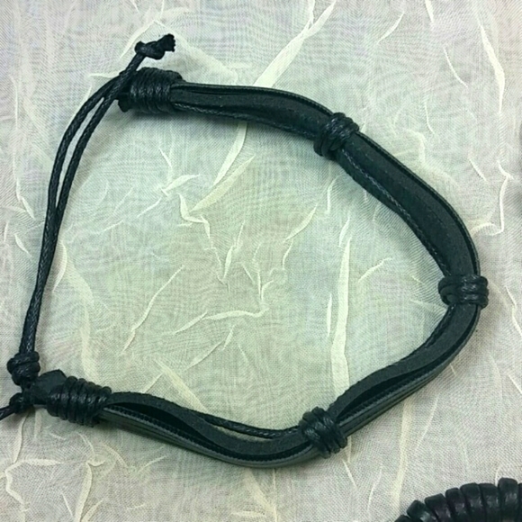 Bracelets Men's set of 3 bundle stackable black leather blue lava rock wood bead - Picture 3 of 6